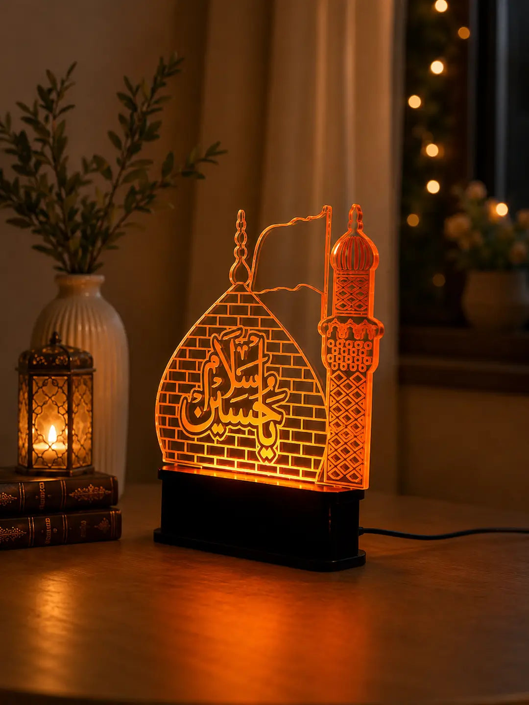 Ya Hussain LED Acrylic Lamp – Islamic Table Lamp with Shrine & Minaret Design