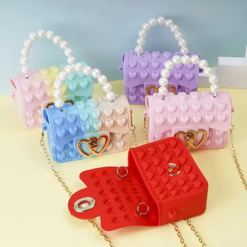 Pink Heart Silicone Crossbody Bag for Girls with Pearl Handle