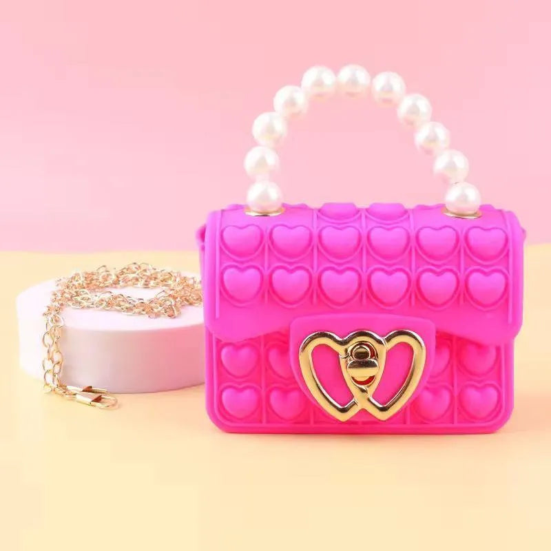 Pink Heart Silicone Crossbody Bag for Girls with Pearl Handle