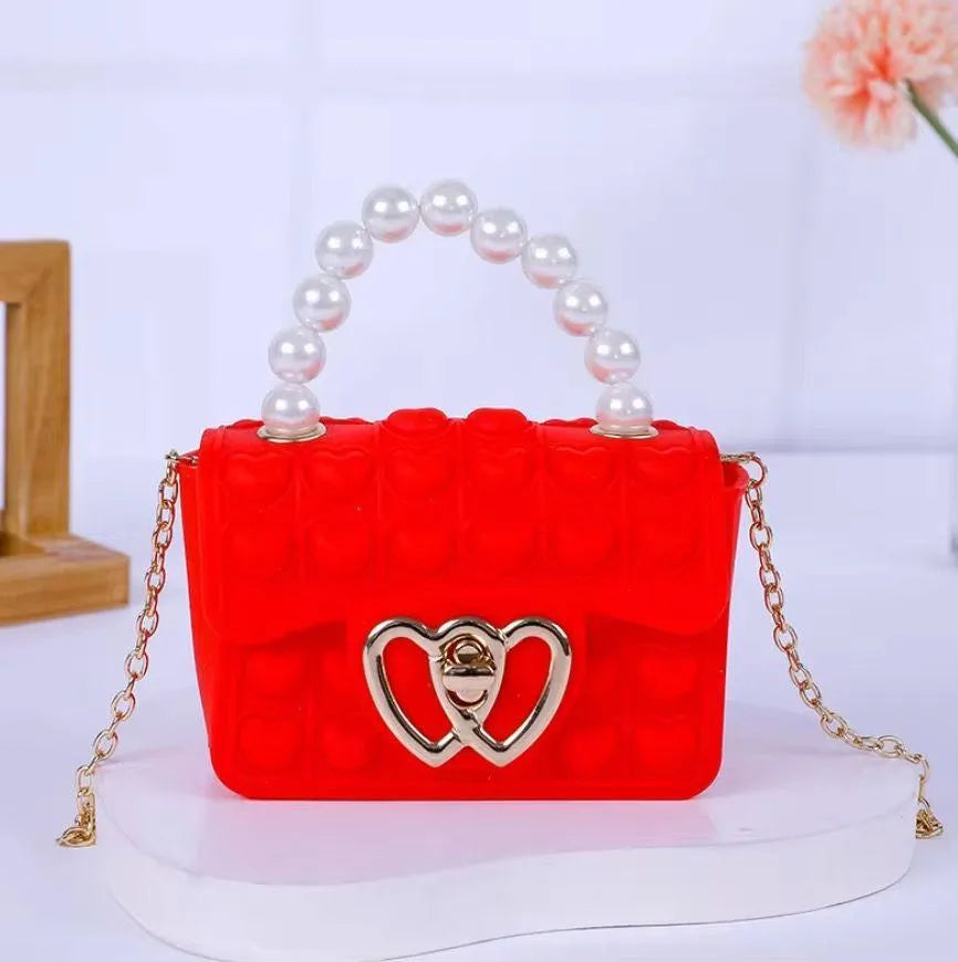 Pink Heart Silicone Crossbody Bag for Girls with Pearl Handle