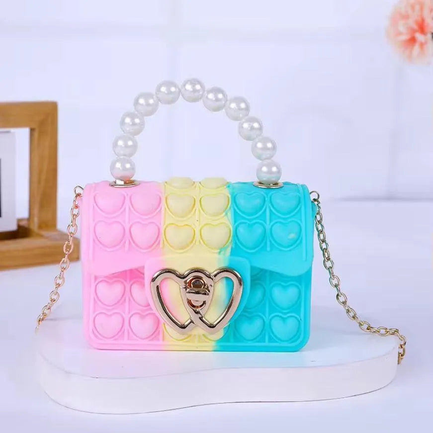 Pink Heart Silicone Crossbody Bag for Girls with Pearl Handle