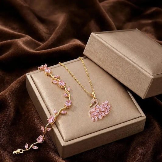 Golden Base Swan Necklace And Tulip Bracelet Set