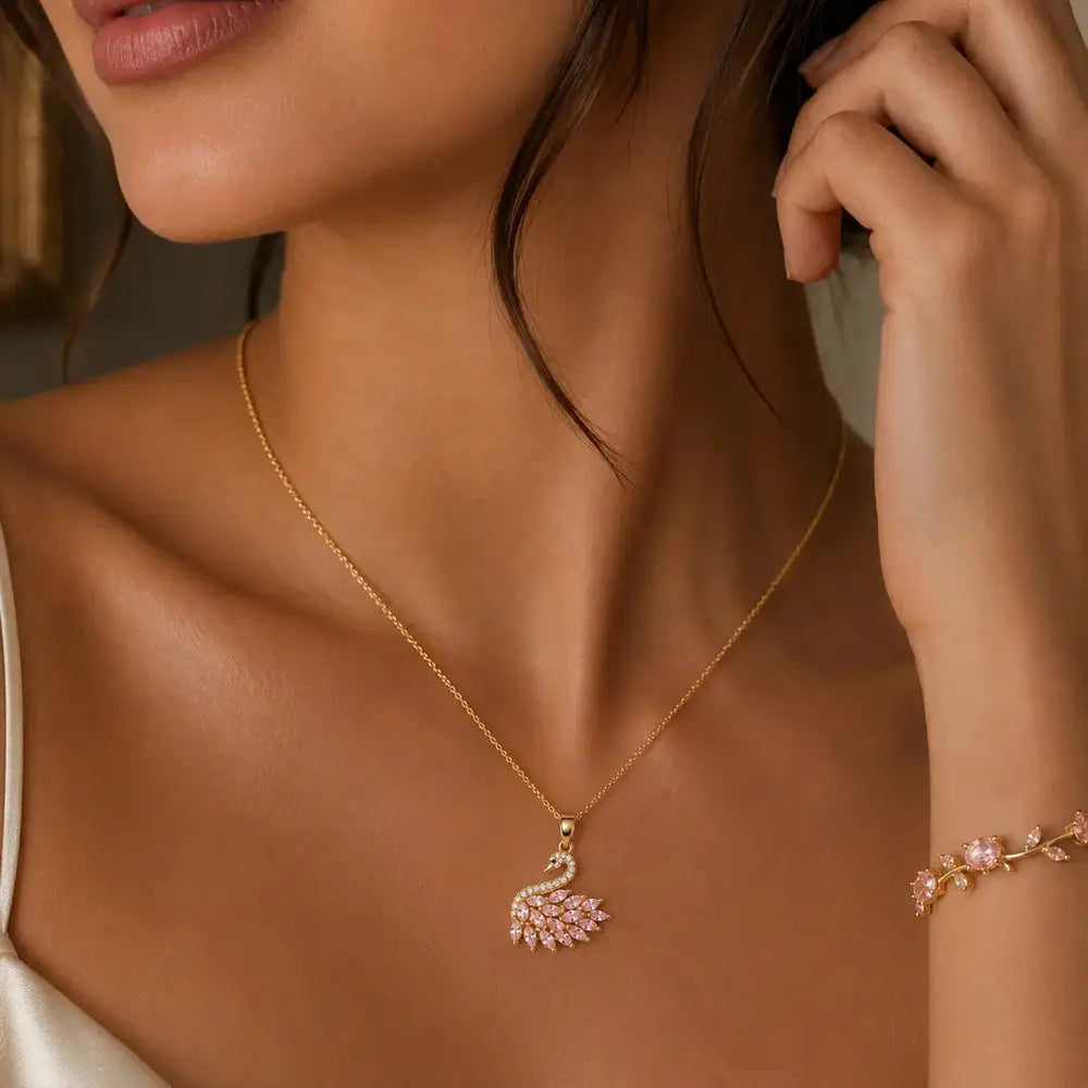 Golden Base Swan Necklace And Tulip Bracelet Set